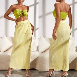 Shein Shirred Back Drawstring Ruched Front Crop Tube Top & Plisse Skirt Set